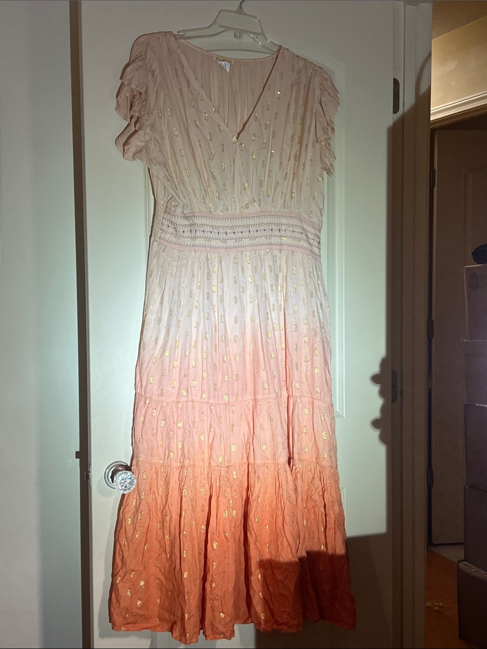 Smocked Waist Ombre Maxi Dress in Pink to Coral with Gold Detail
